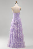 Robe Maxi à bretelles fines florales lilas Shearh avec volants et fente