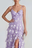 Robe Maxi à bretelles fines florales lilas Shearh avec volants et fente