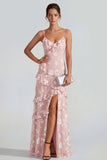 Robe Maxi à bretelles fines florales lilas Shearh avec volants et fente