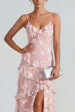 Robe Maxi à bretelles fines florales lilas Shearh avec volants et fente
