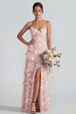 Robe Maxi à bretelles fines florales lilas Shearh avec volants et fente