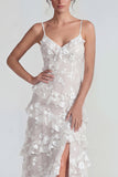 Robe Maxi à bretelles fines florales lilas Shearh avec volants et fente