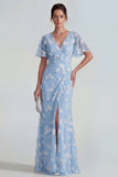 Robe longue à manches courtes fourreau bleu avec fente