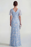 Robe longue à manches courtes fourreau bleu avec fente