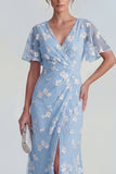 Robe longue à manches courtes fourreau bleu avec fente