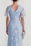 Robe longue à manches courtes fourreau bleu avec fente
