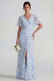 Robe longue à manches courtes fourreau bleu avec fente