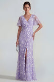 Robe longue à manches courtes fourreau bleu avec fente
