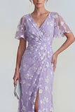 Robe longue à manches courtes fourreau bleu avec fente