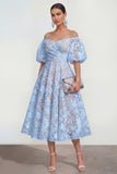 Robe midi rose midi à épaules dénudées, manches bouffantes