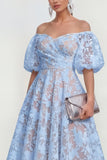 Robe midi rose midi à épaules dénudées, manches bouffantes