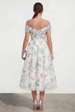 Robe midi multi-fleurs blanche à ligne décollée