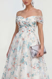 Robe midi multi-fleurs blanche à ligne décollée