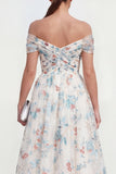 Robe midi multi-fleurs blanche à ligne décollée