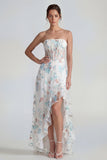Corset blanc sans bretelles A-Line longue robe multi-fleurs avec fente à volants