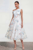 Robe midi multi-fleurs blanche à une épaule