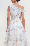 Robe midi multi-fleurs blanche à une épaule