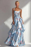 Robe longue à fleurs en satin à volants bleu A Line