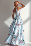 Robe longue à fleurs en satin à volants bleu A Line