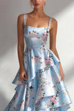 Robe longue à fleurs en satin à volants bleu A Line