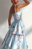 Robe longue à fleurs en satin à volants bleu A Line