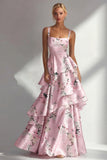 Robe longue à fleurs en satin à volants bleu A Line