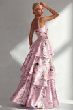 Robe longue à fleurs en satin à volants bleu A Line