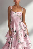 Robe longue à fleurs en satin à volants bleu A Line