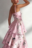 Robe longue à fleurs en satin à volants bleu A Line