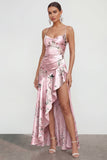 Robe fleurie à bretelles fines de la ligne A rose avec fente à volants