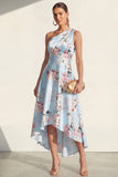 Robe midi midi imprimée bleu à une épaule A Line