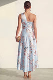 Robe midi midi imprimée bleu à une épaule A Line