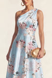 Robe midi midi imprimée bleu à une épaule A Line