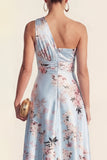 Robe midi midi imprimée bleu à une épaule A Line