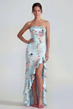 Corset rose bustier fourreau longue robe fleurie avec fente à volants