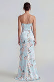 Corset rose bustier fourreau longue robe fleurie avec fente à volants