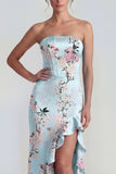 Corset rose bustier fourreau longue robe fleurie avec fente à volants
