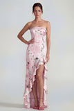Corset rose bustier fourreau longue robe fleurie avec fente à volants