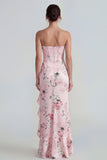 Corset rose bustier fourreau longue robe fleurie avec fente à volants
