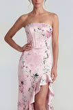 Corset rose bustier fourreau longue robe fleurie avec fente à volants