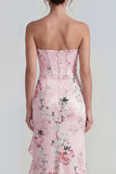Corset rose bustier fourreau longue robe fleurie avec fente à volants