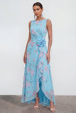 Robe longue en mousseline 3D bleue à motifs de fleurs avec fente à volants