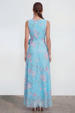 Robe longue en mousseline 3D bleue à motifs de fleurs avec fente à volants
