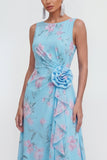 Robe longue en mousseline 3D bleue à motifs de fleurs avec fente à volants