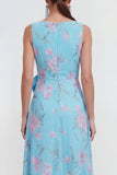 Robe longue en mousseline 3D bleue à motifs de fleurs avec fente à volants