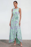 Robe longue en mousseline 3D bleue à motifs de fleurs avec fente à volants