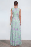 Robe longue en mousseline 3D bleue à motifs de fleurs avec fente à volants