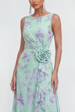Robe longue en mousseline 3D bleue à motifs de fleurs avec fente à volants