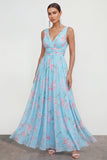 Robe longue longue en mousseline en vr bleue à col en V