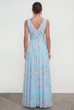 Robe longue longue en mousseline en vr bleue à col en V